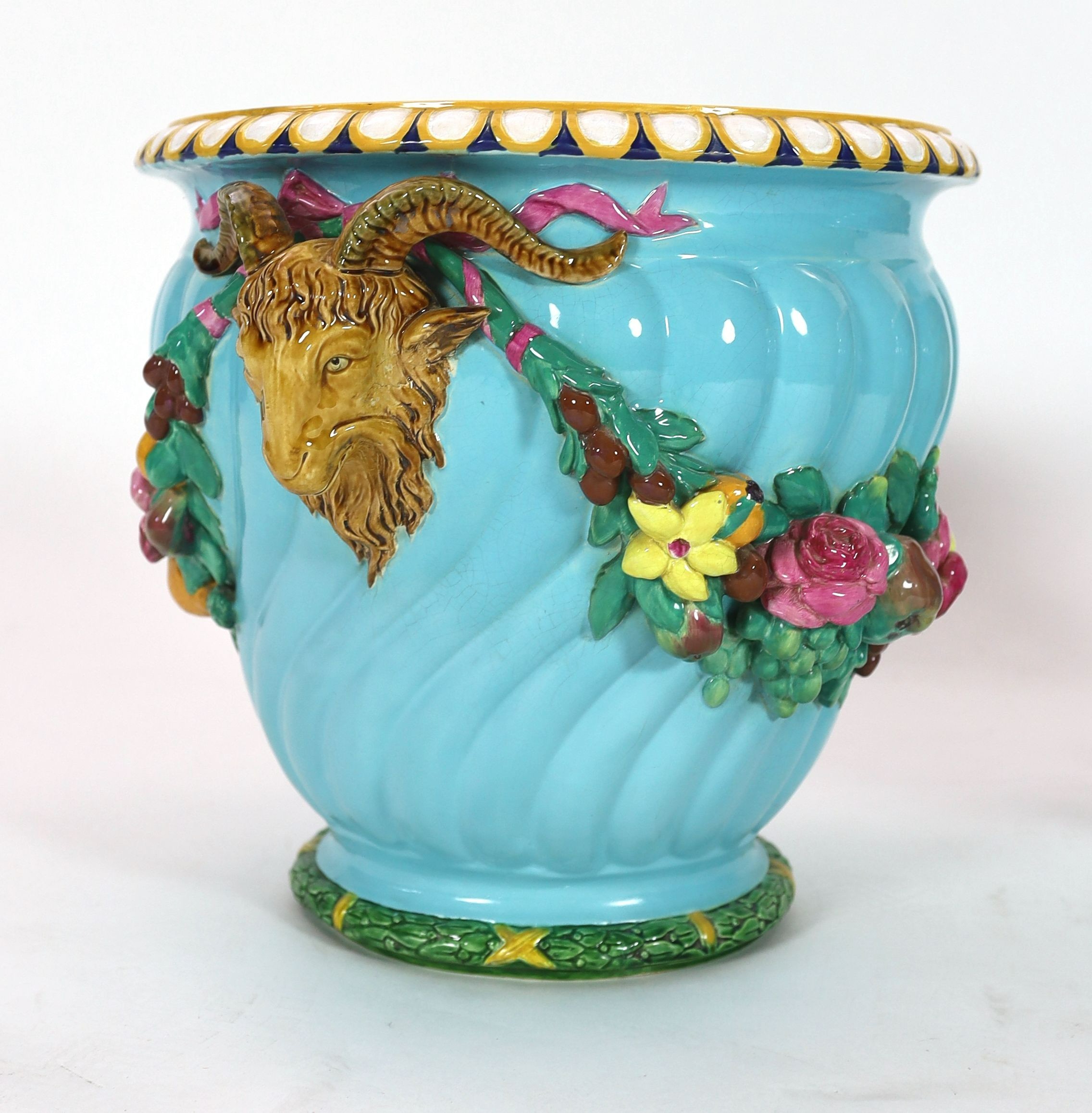 A pair of Minton classical revival majolica jardinieres, late 19th century, 37cm high, restored